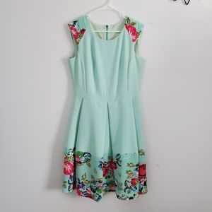 Women Sleeveless Fit & Flare Midi Dress Mint Green Pleated Size 10 Floral Bottom